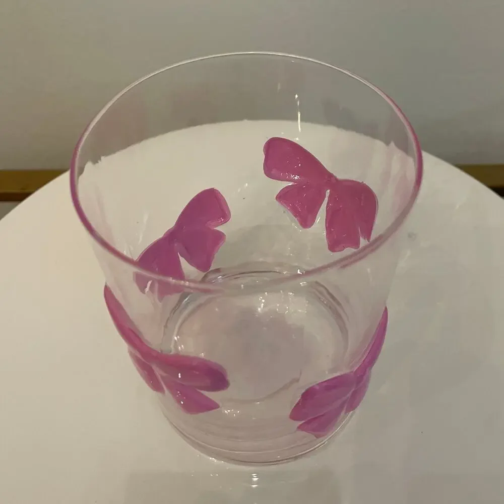 VIRAL Pink Bow Embossed Glass Clear Tumbler Cups Set of 2 NEW